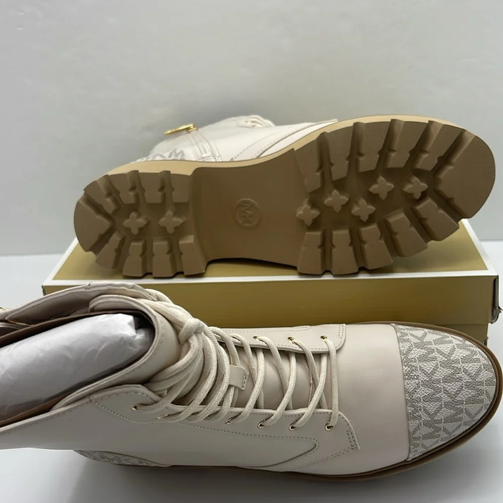 MICHAEL KORS Weiss Leather and Signature Logo Combat Bootie Faux Leather  Vanill